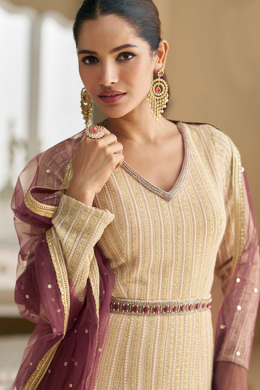 2-Tone Beige Readymade Georgette Gown With Dupatta-SAR11542_2_SareeButa.com