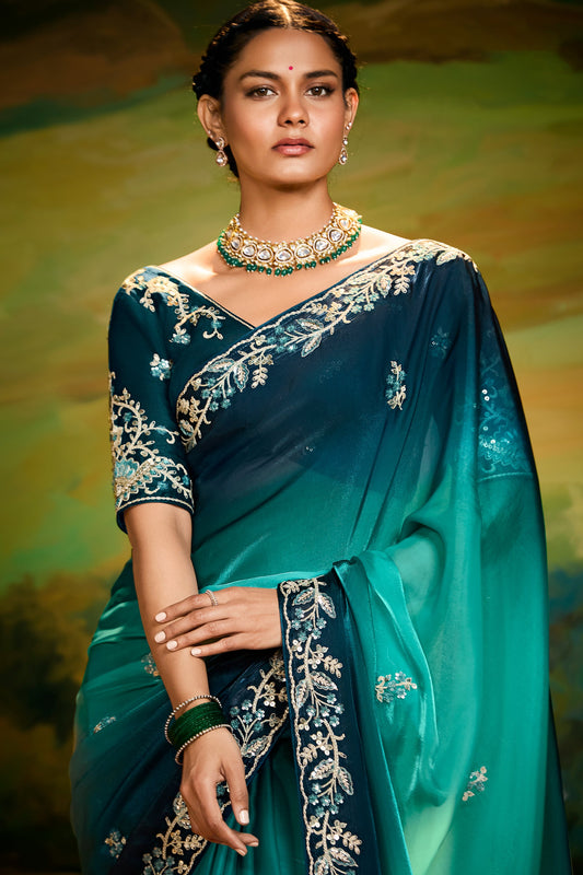 2-Tone Green Embroidered Organza Saree-ZB134610_2_SareeButa.com
