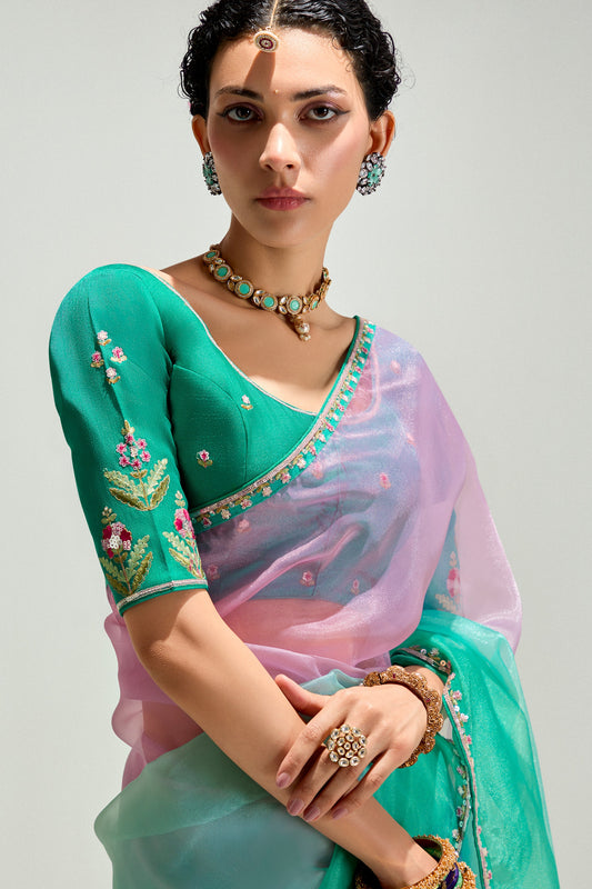 2-Tone Green Organza Tissue Saree-ZB134894_2_SareeButa.com