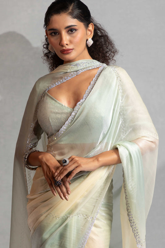 2-Tone Green Satin Silk Stone Work Saree-ZB134880_2_SareeButa.com