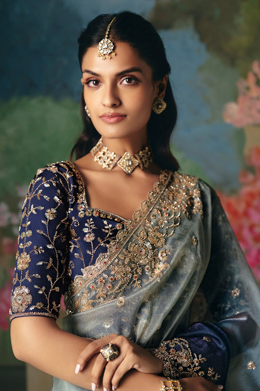 2-Tone Grey Embroidered Organza Saree-SAR12021_2_SareeButa.com