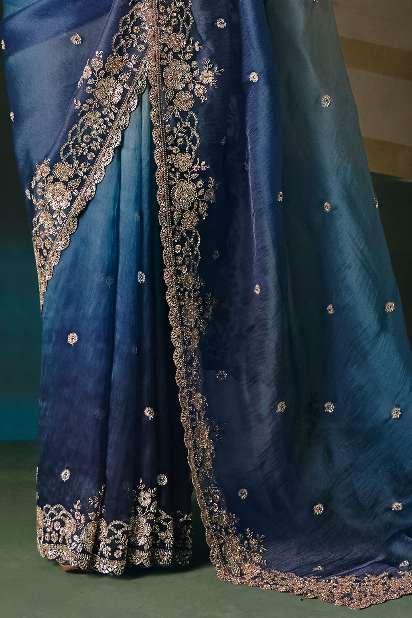 2-Tone Grey Embroidered Organza Saree