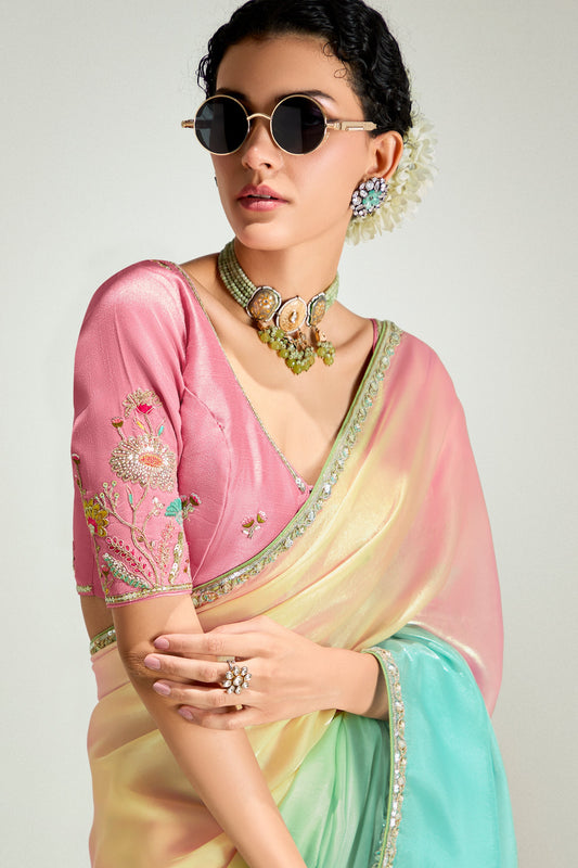 2-Tone Multicolor Organza Tissue Saree-ZB134901_2_SareeButa.com