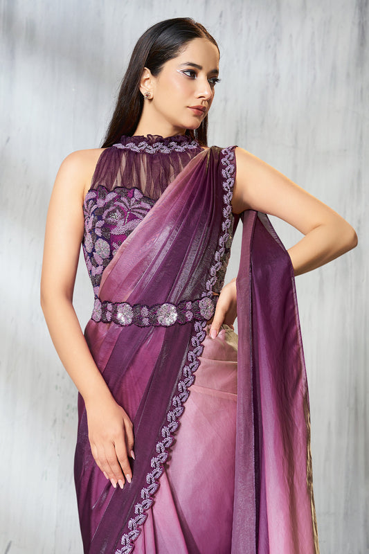 2-Tone Purple Satin Silk Readymade Saree-SAR11133_2_SareeButa.com