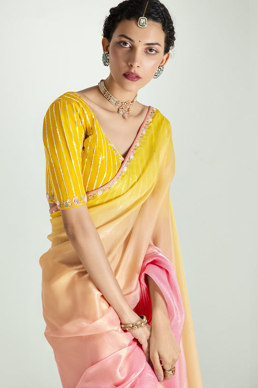 2-Tone Yellow Organza Tissue Saree-ZB134898_2_SareeButa.com