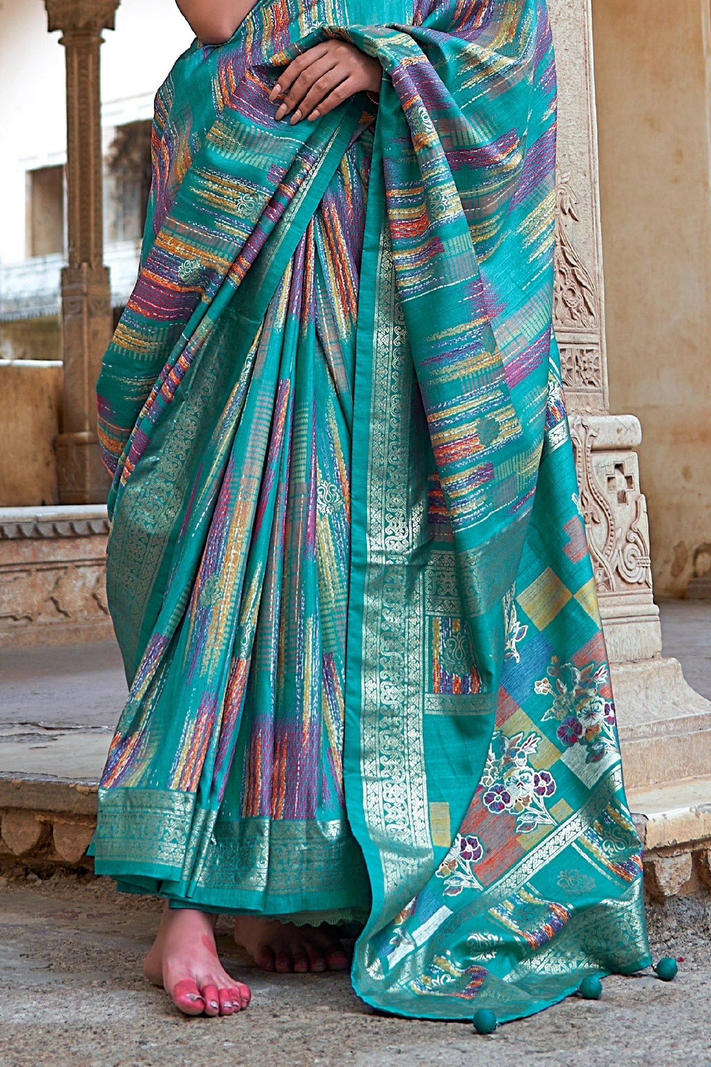 Aqua Blue Printed Patola Silk Saree-SAR11306_4_SareeButa.com