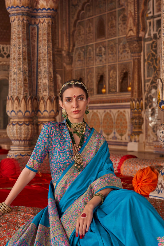 Aqua Blue Printed Silk Saree-SAR11289_2_SareeButa.com