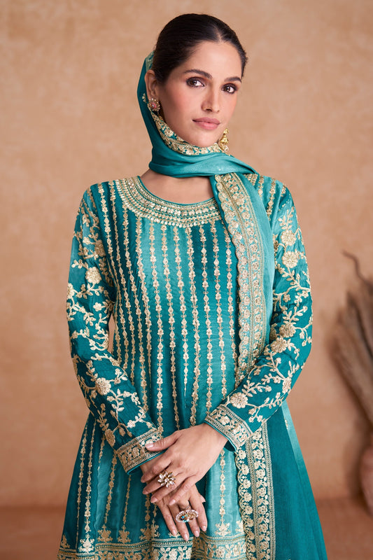 Aqua Blue Readymade Embroidered Chinon A-line Suit-SAR10797_2_SareeButa.com