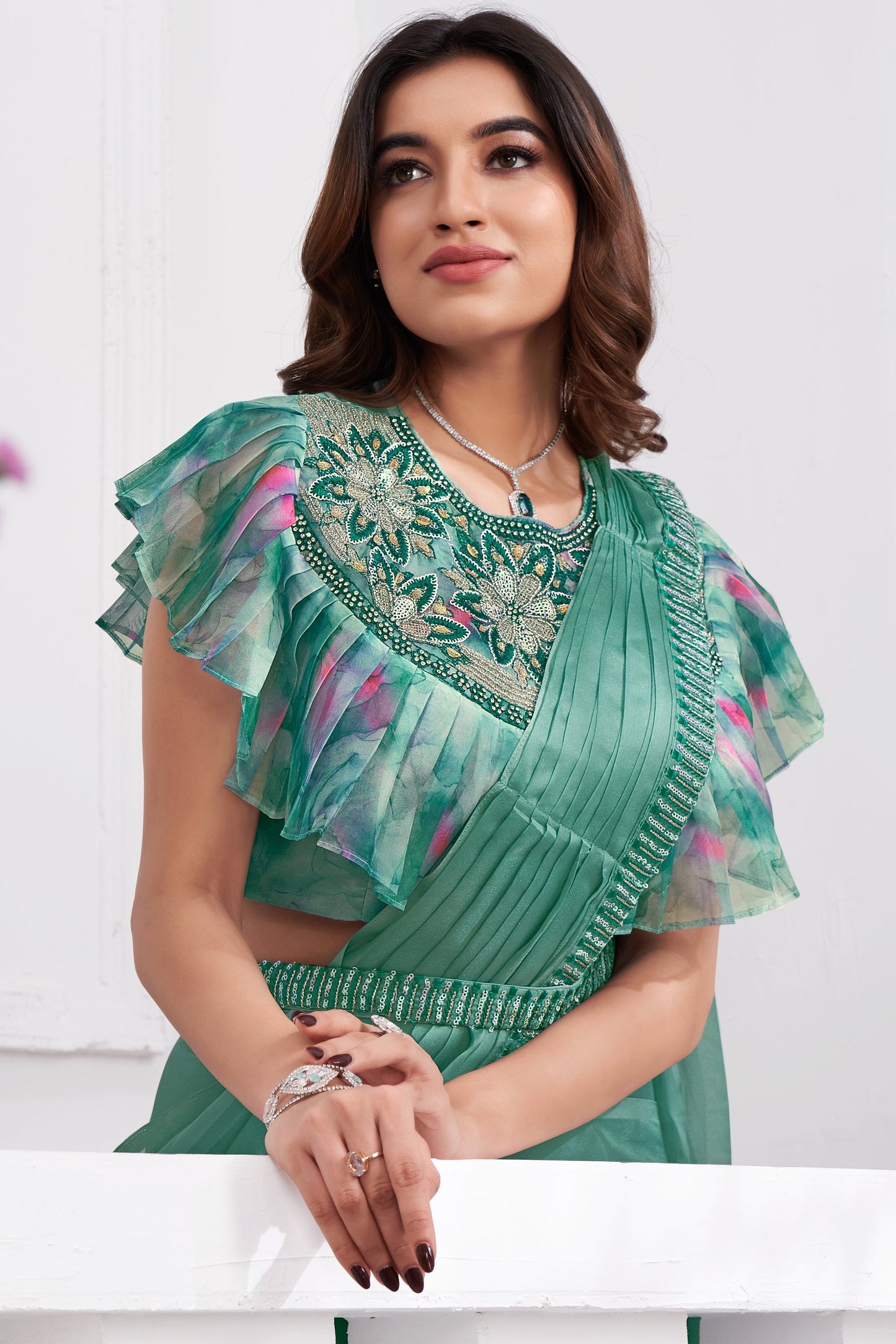 Aqua Green Georgette Readymade Saree With Stitched Blouse-ZB133688_4_SareeButa.com