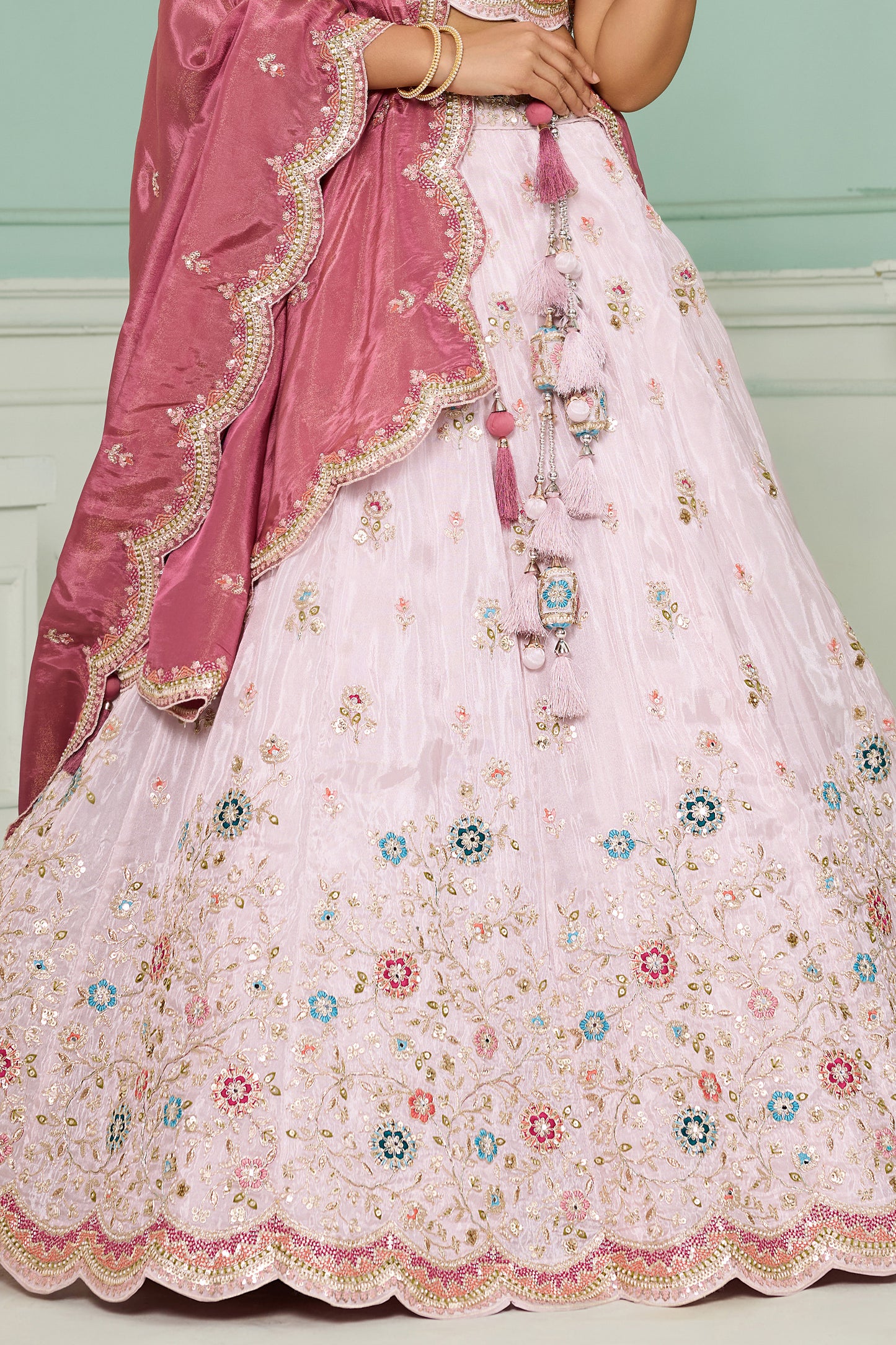 Baby Pink Semi-Stitched Embroidered Tissue Lehenga