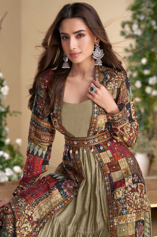 Beige Readymade Georgette Silk Gown with Jacket-SS670_2_SareeButa.com