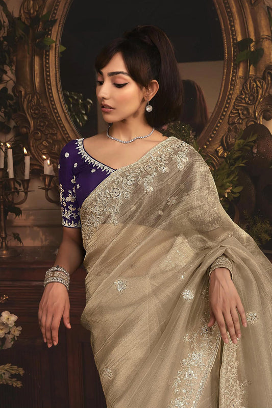 Beige Embroidered Tissue Organza Saree-SAR10240_2_SareeButa.com