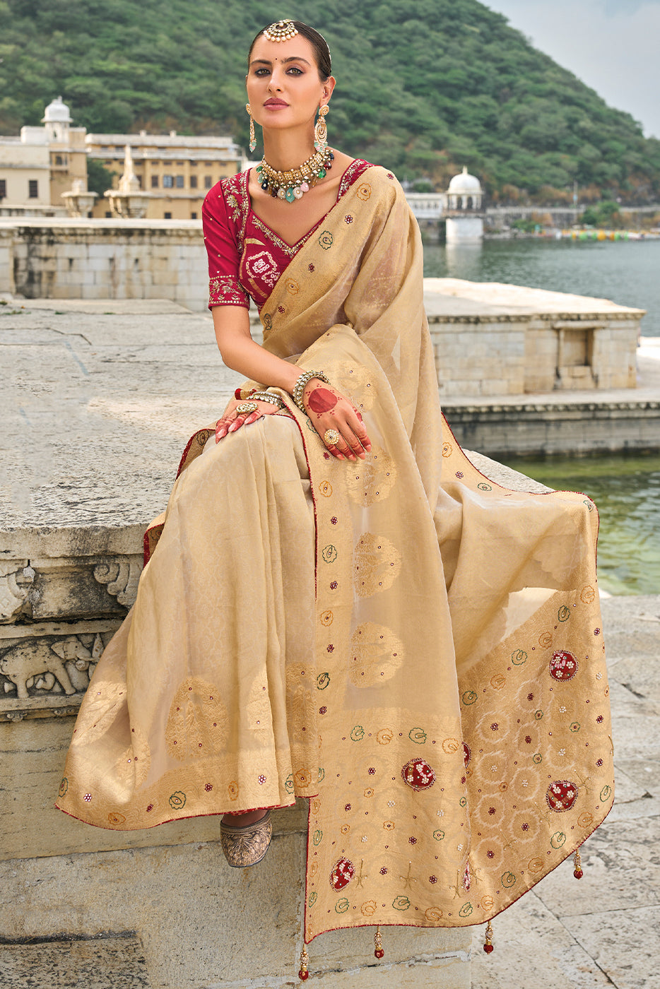 Beige Heavy Work Banarasi Saree With Readymade Blouse-ZB133459_4_SareeButa.com