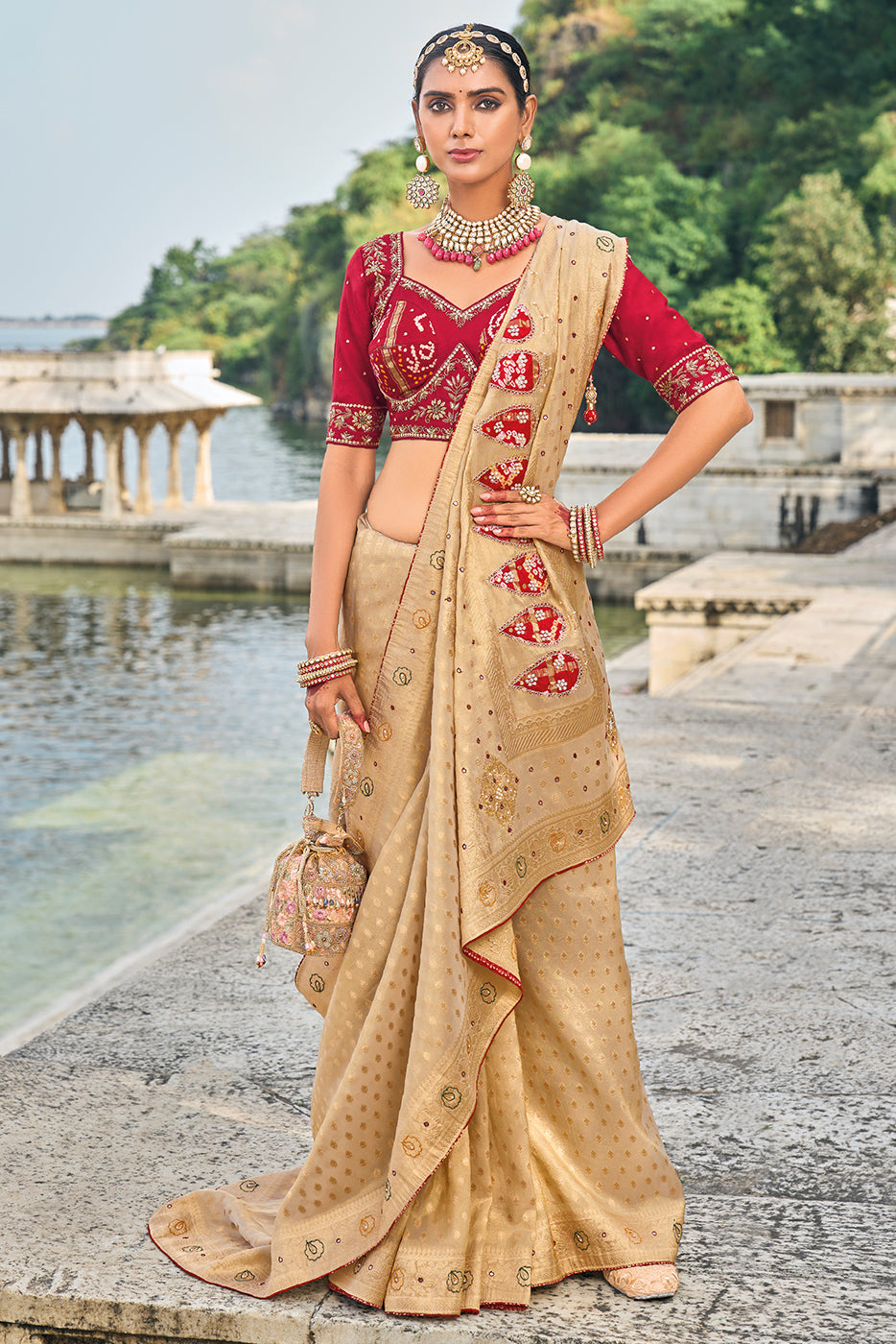 Beige Heavy Work Banarasi Saree With Readymade Blouse-ZB133466_4_SareeButa.com