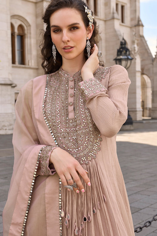 Beige Readymade Crush Silk Gown With Dupatta-SAR10956_2_SareeButa.com