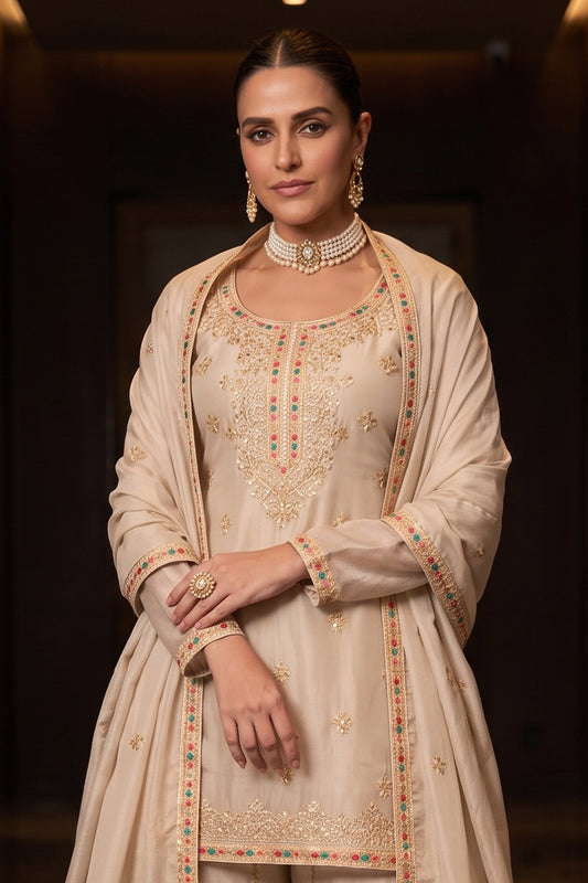 Beige Readymade Embroidered Chinon Suit-SAR12987_2_SareeButa.com