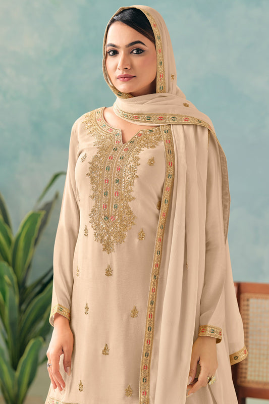 Beige Readymade Heavy Work Chinon Skirt Suit-SS668_2_SareeButa.com