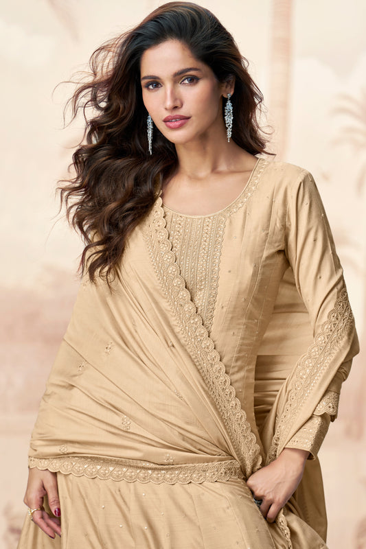 Beige Readymade Silk Gown with Dupatta-SS556_2_SareeButa.com