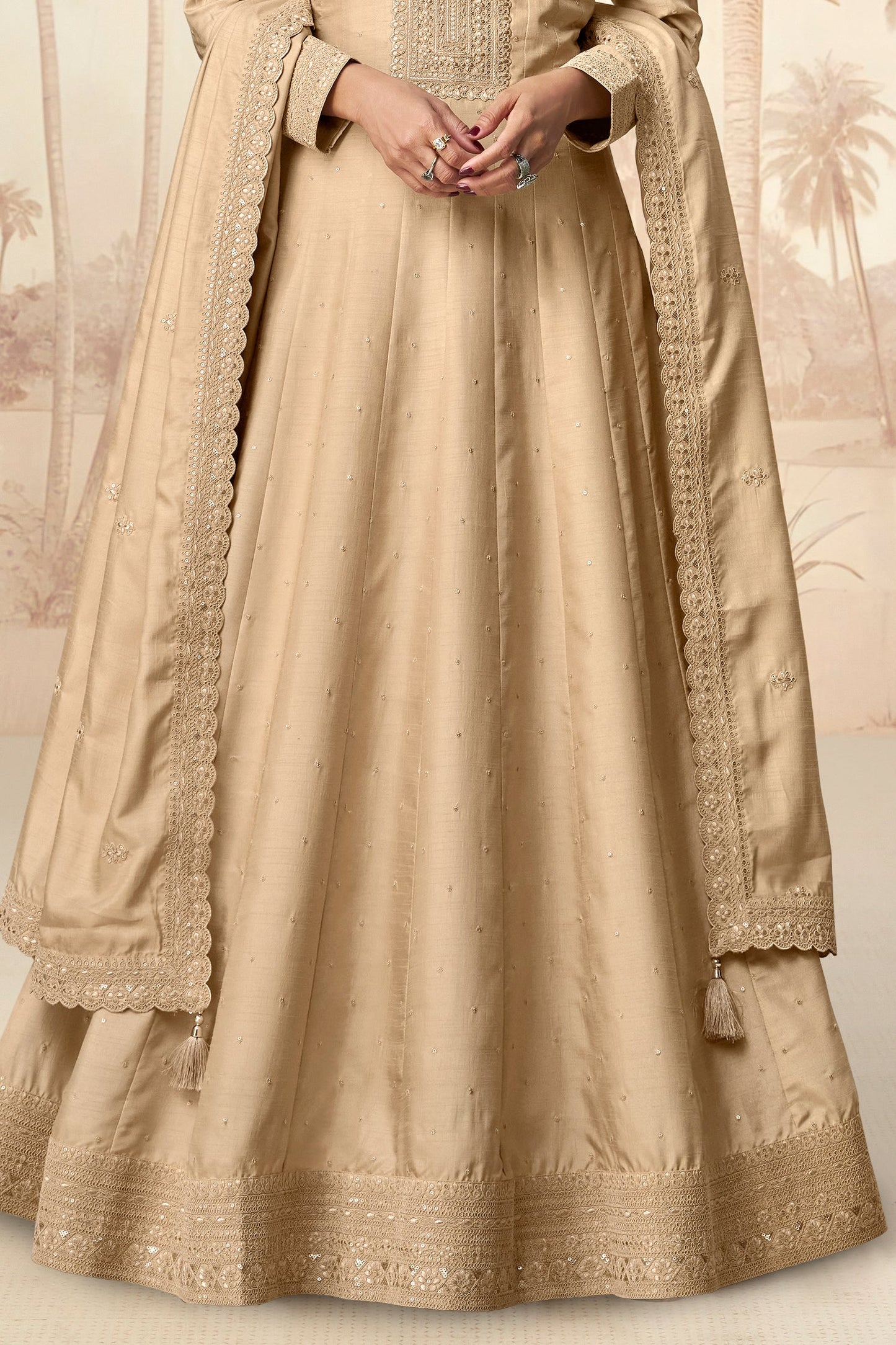 Beige Readymade Silk Gown with Dupatta-SS556_3_SareeButa.com