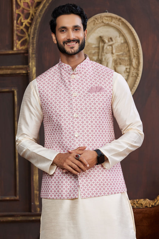 Beige Silk Kurta Pajama with Jacket-MW34_2_SareeButa.com