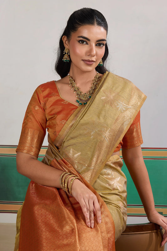 Beige Woven Tussar Silk Saree-SAR11200_2_SareeButa.com