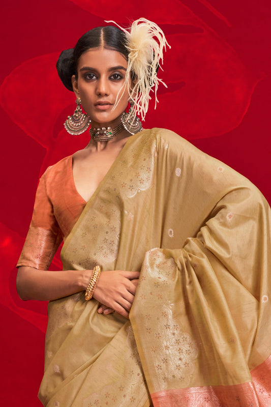 Beige Woven Tussar Silk Saree-ZB134053_2_SareeButa.com
