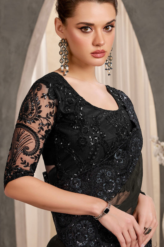 Black Embroidered Chiffon Saree-ZB134240_2_SareeButa.com