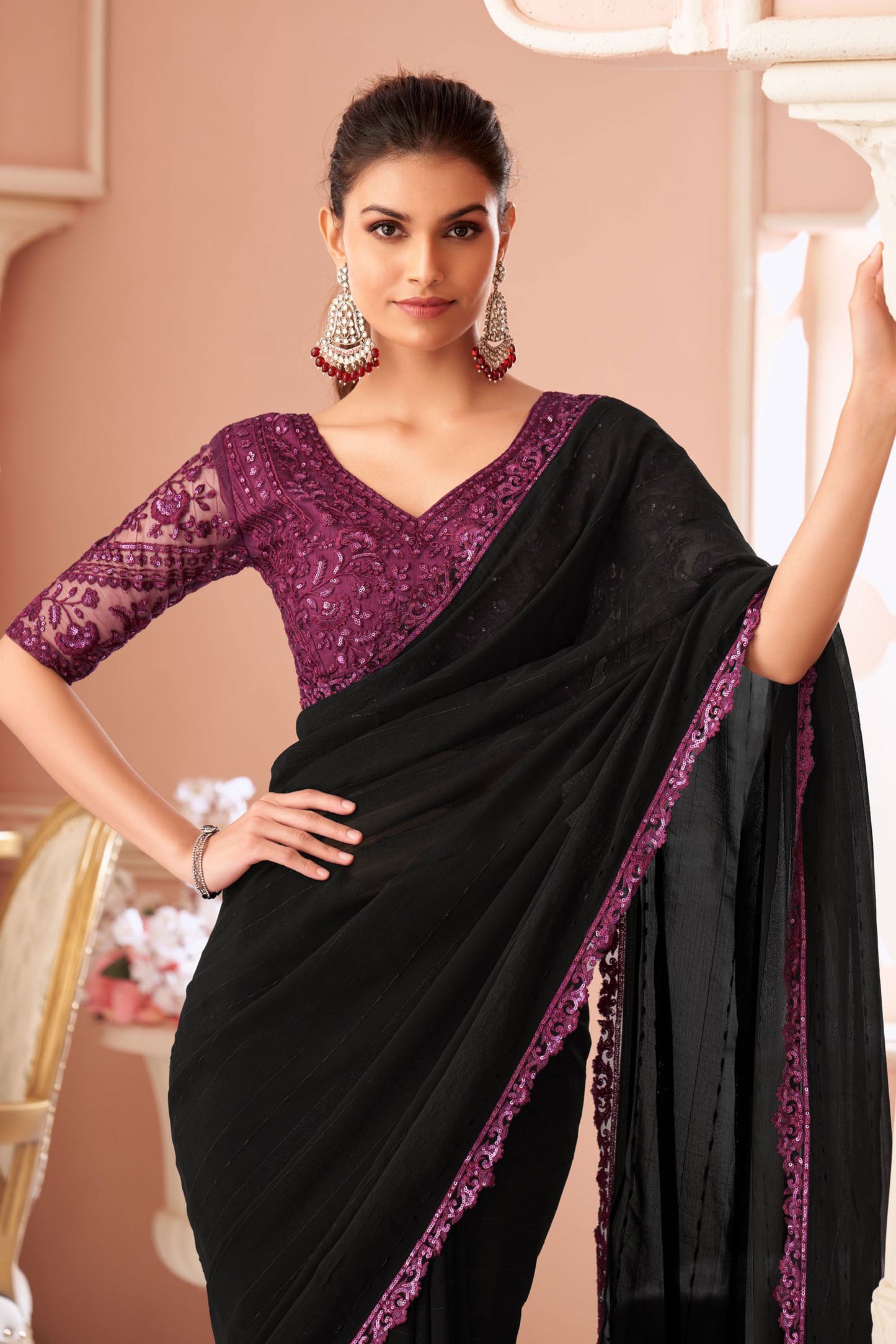 Black Embroidered Georgette Saree-ZB133960_2_SareeButa.com
