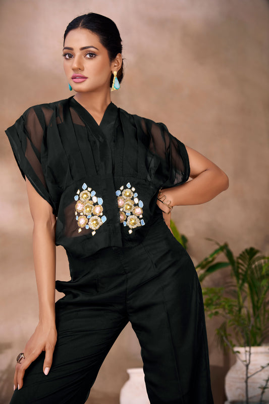 Black Embroidered Organza Co-Ord Set-SS240_2_SareeButa.com