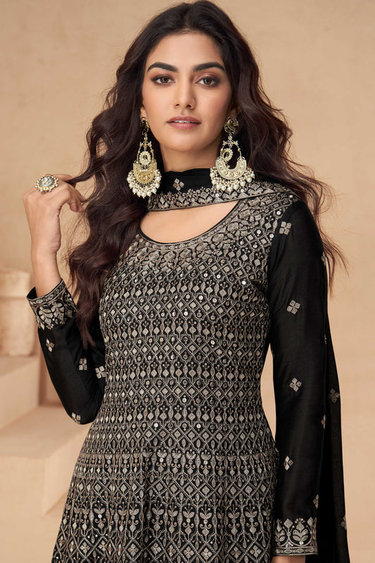 Black Readymade Chinon Silk A-Line Suit-SS331_2_SareeButa.com