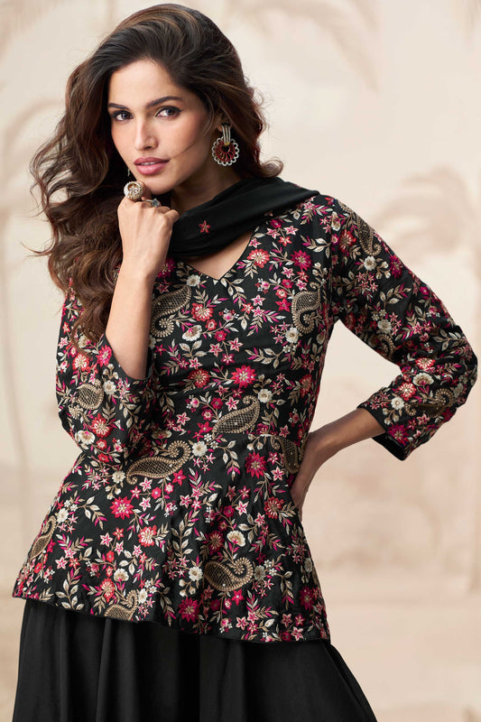 Black Readymade Chinon Silk Palazzo Set-SS320_2_SareeButa.com