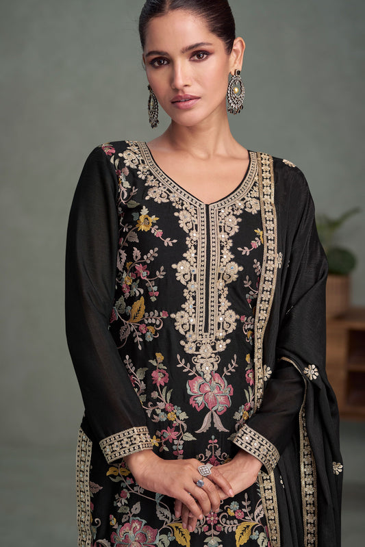 Black Readymade Heavy Work Chinon Silk Suit-SS253_2_SareeButa.com