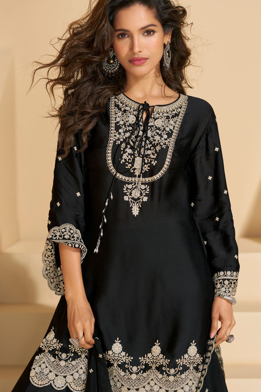 Black Readymade Heavy Work Chinon Silk Suit-SS259_2_SareeButa.com