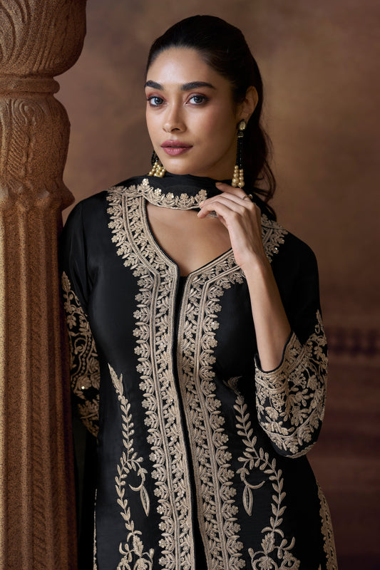 Black Readymade Heavywork Chinon Suit-SS186_2_SareeButa.com