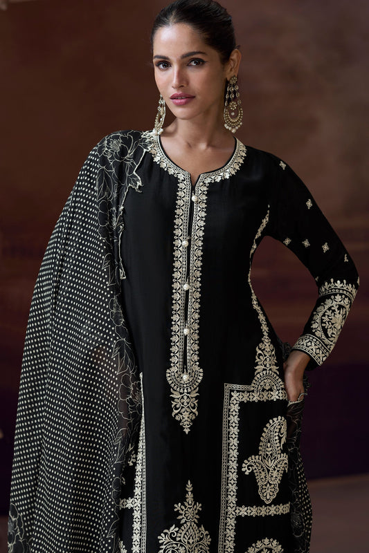 Black Readymade Heavywork Chinon Suit-SS188_2_SareeButa.com