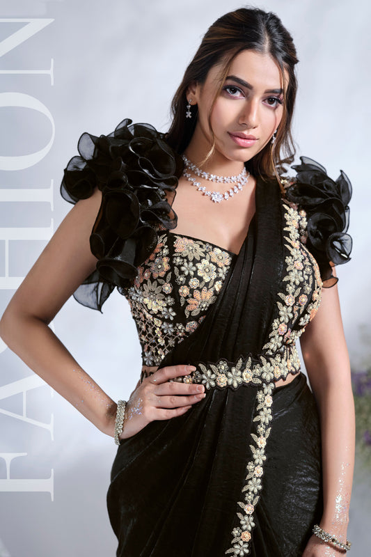 Black Satin Silk Readymade Saree-ZB133489_2_SareeButa.com