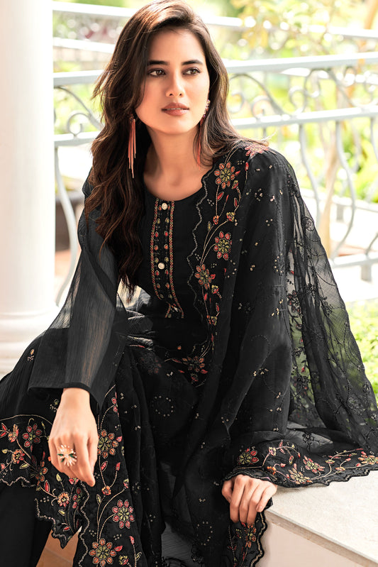 Black Unstitched Embroidered Chiffon Organza Suit-SS197_2_SareeButa.com