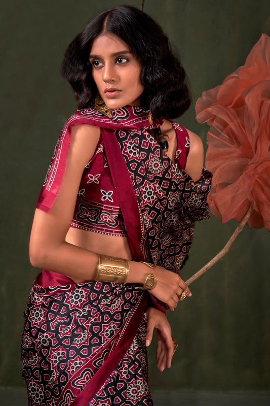 Black Ajarakh Print Satin Crepe Saree-SAR12409_2_SareeButa.com