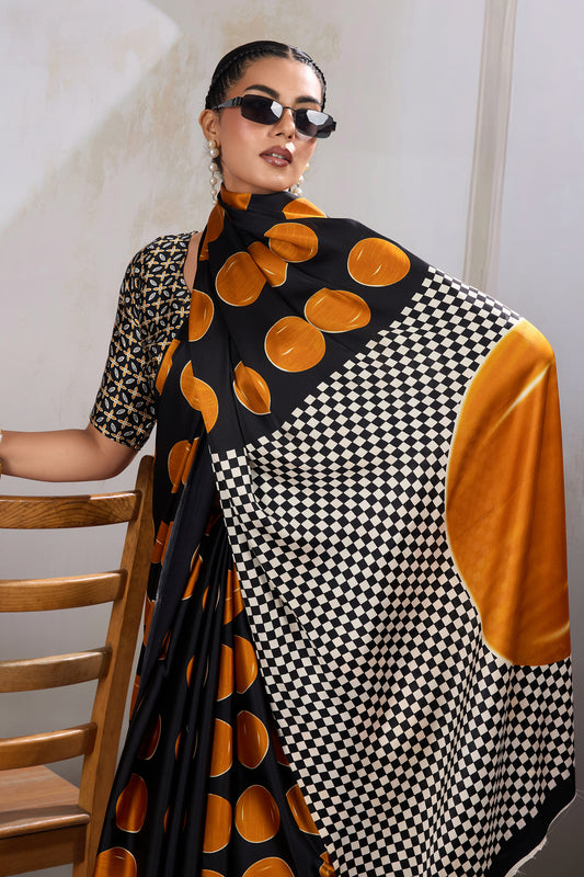 Black And Yellow Printed Satin Saree-SAR11856_2_SareeButa.com