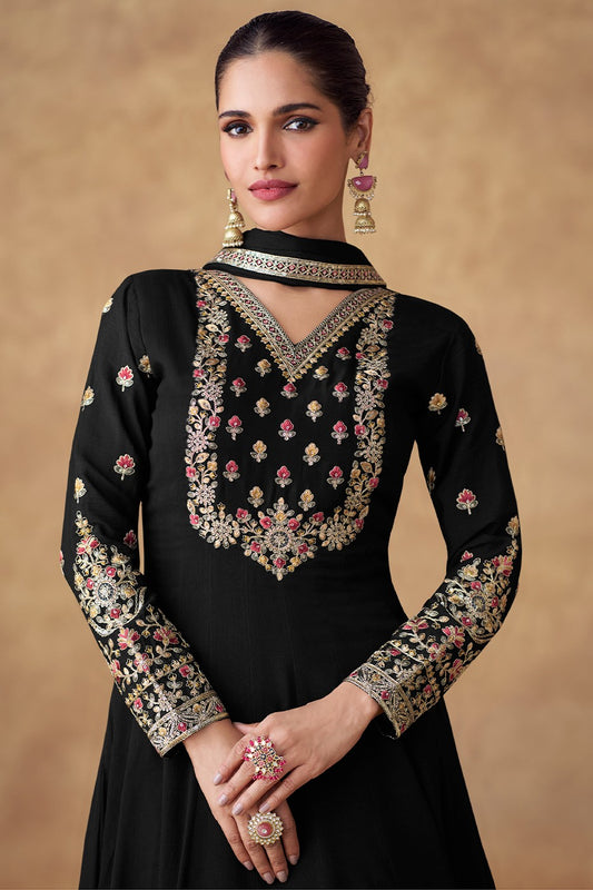 Black Chinon Silk Gown with Dupatta-SS453_2_SareeButa.com