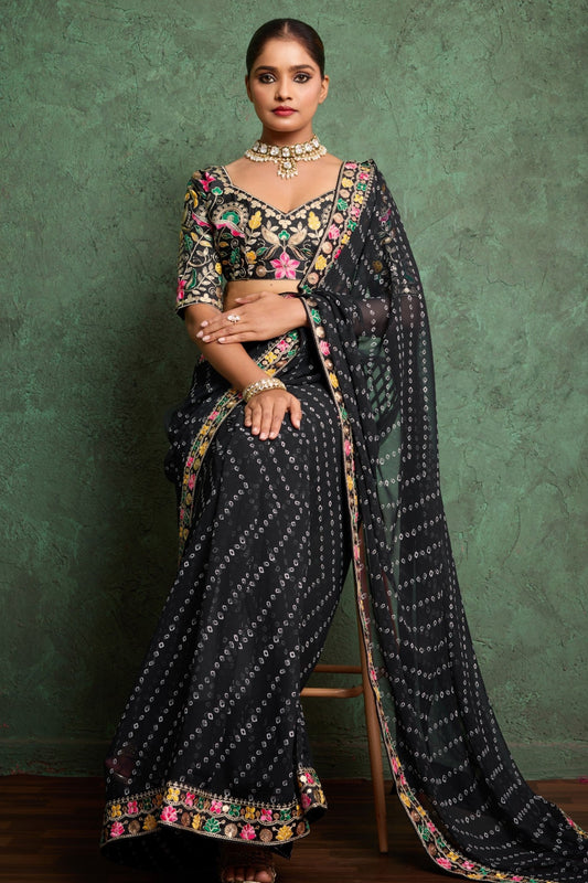 Black Embroidered Georgette Bandhani Saree-ZB134787_2_SareeButa.com