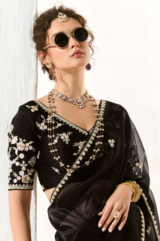 Black Embroidered Organza Tissue Saree-ZB134742_2_SareeButa.com