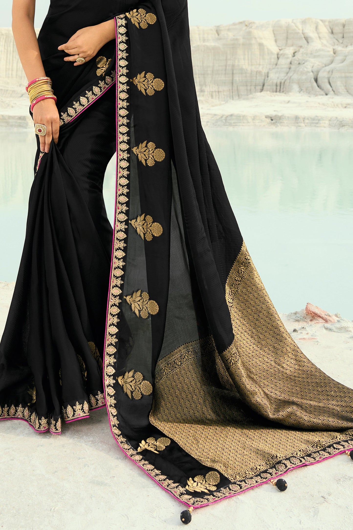 Black Embroidered Organza Viscose Satin Saree-SAR10823_4_SareeButa.com