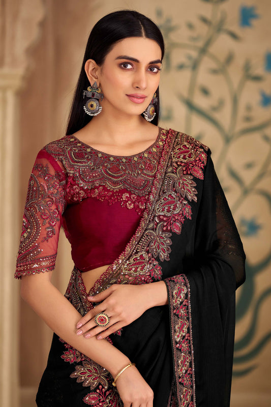 Black Embroidered Satin Chiffon Saree-SAR11706_2_SareeButa.com