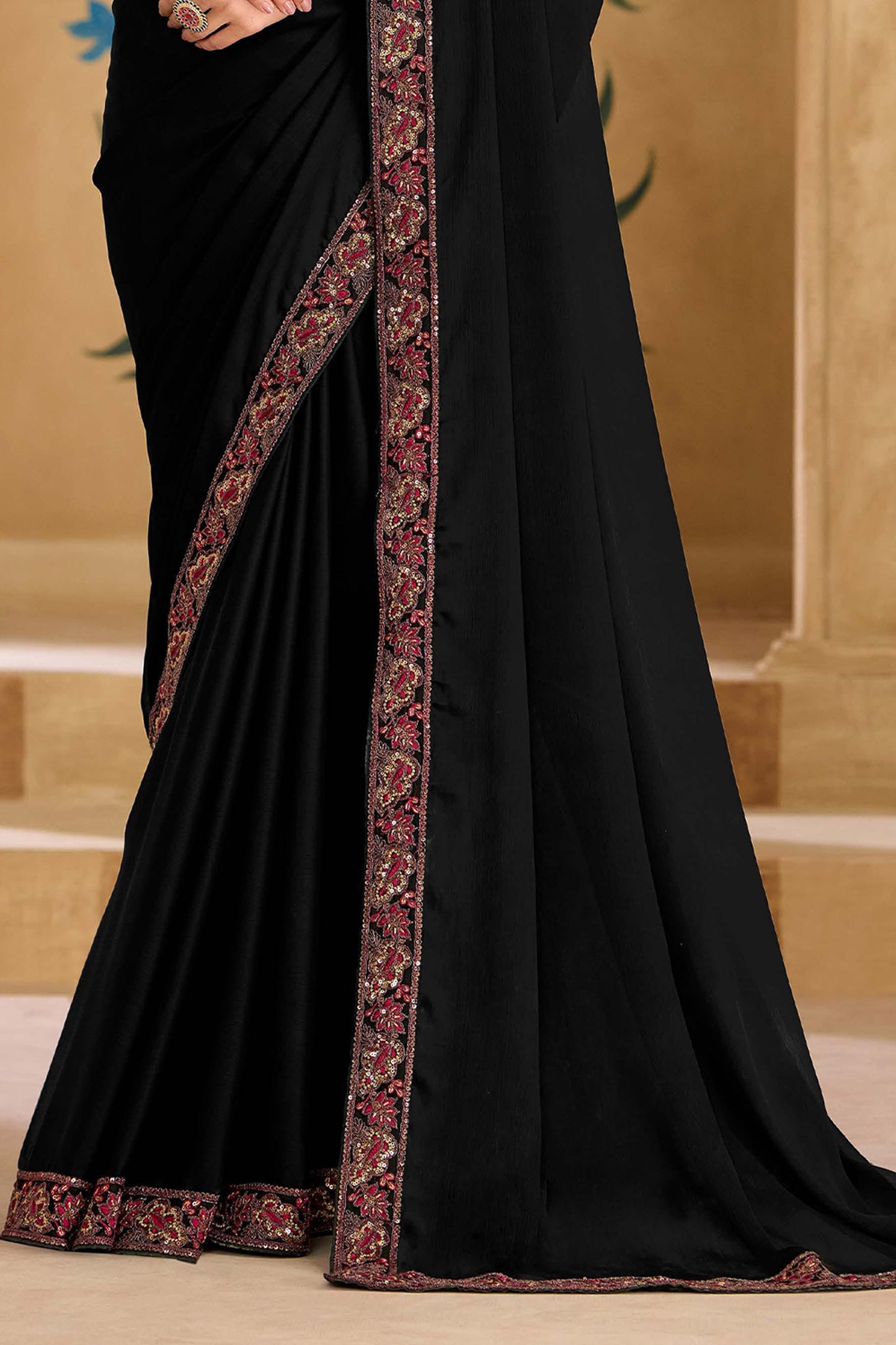 Black Embroidered Satin Chiffon Saree-SAR11706_4_SareeButa.com