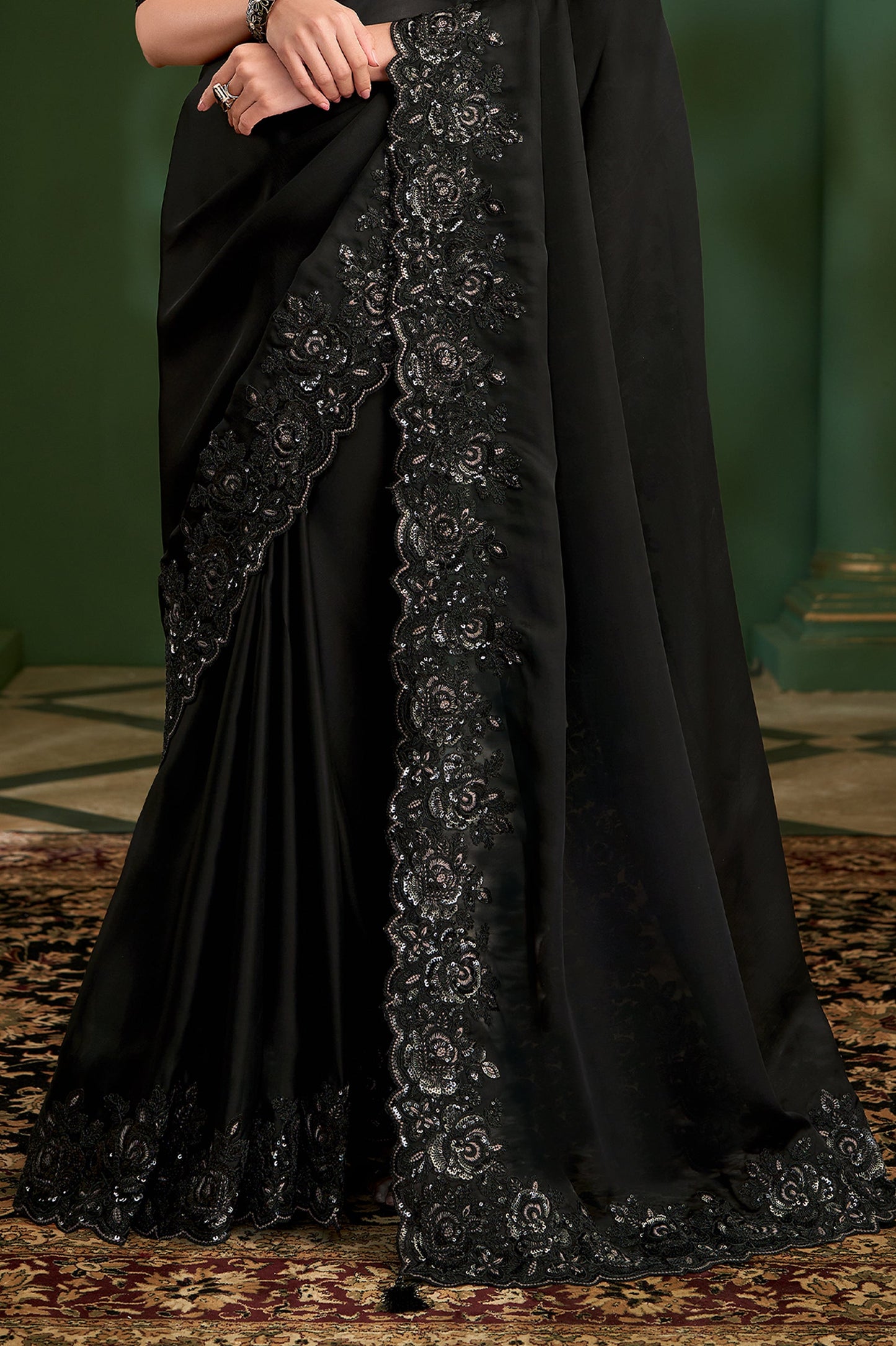 Black Embroidered Satin Georgette Saree-SAR10968_4_SareeButa.com