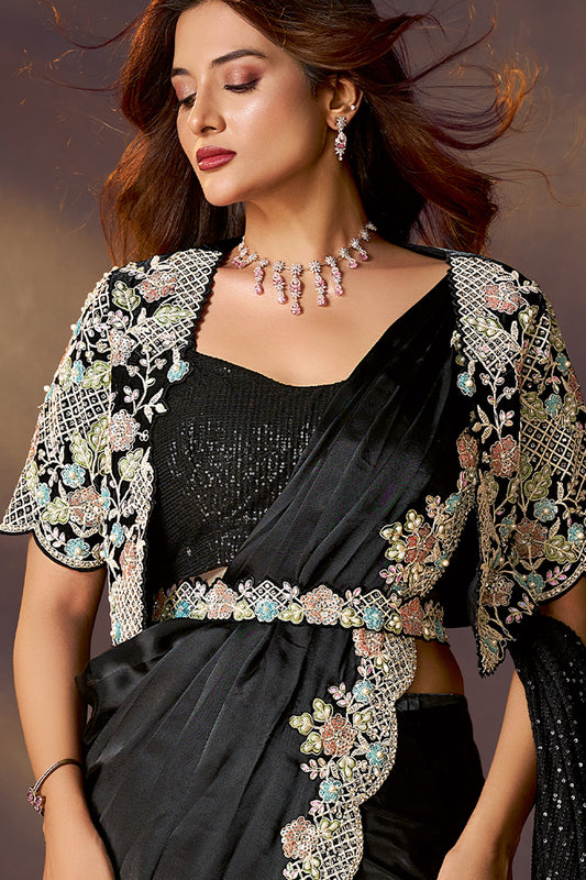 Black Embroidered Satin Readymade Saree with Stitched Blouse-SAR10857_2_SareeButa.com