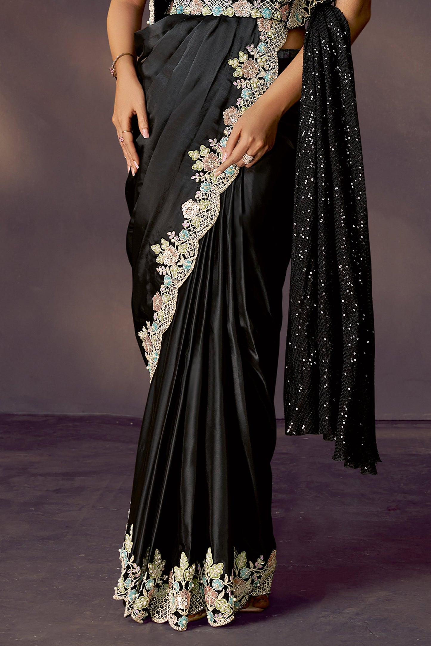Black Embroidered Satin Readymade Saree with Stitched Blouse-SAR10857_5_SareeButa.com
