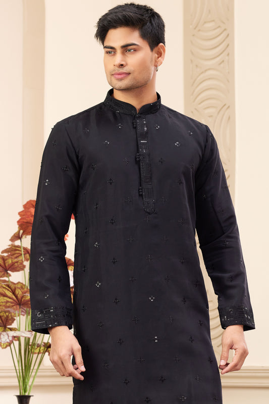 Black Embroidered Silk Kurta Pajama-MW19_2_SareeButa.com
