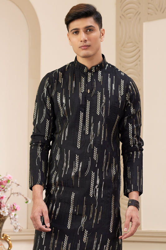 Black Embroidered Silk Kurta Pajama-MW24_2_SareeButa.com